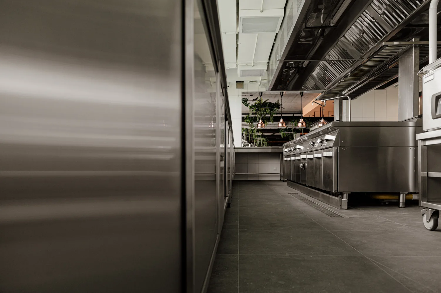 Nowoczesna kuchnia gastronomiczna z wyspą roboczą ze stali nierdzewnej, piecami konwekcyjno-parowymi oraz miedzianymi lampami wiszącymi nad blatem.