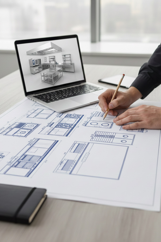 Projektowanie profesjonalnej kuchni gastronomicznej – dłonie architekta nad planami technicznymi, obok laptop z wizualizacją 3D wyposażenia ze stali nierdzewnej.