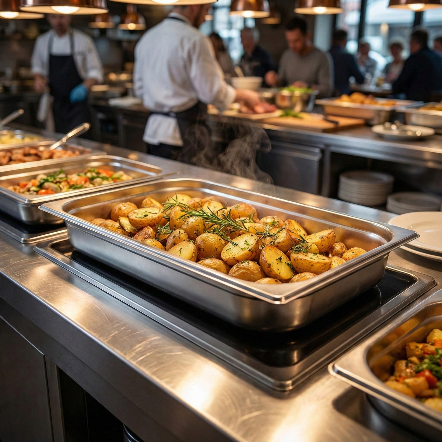 Bemary gastronomiczne z gorącymi potrawami w restauracyjnej kuchni – stalowe pojemniki GN z pieczonymi ziemniakami, gotowe do serwisu w systemie bufetowym.