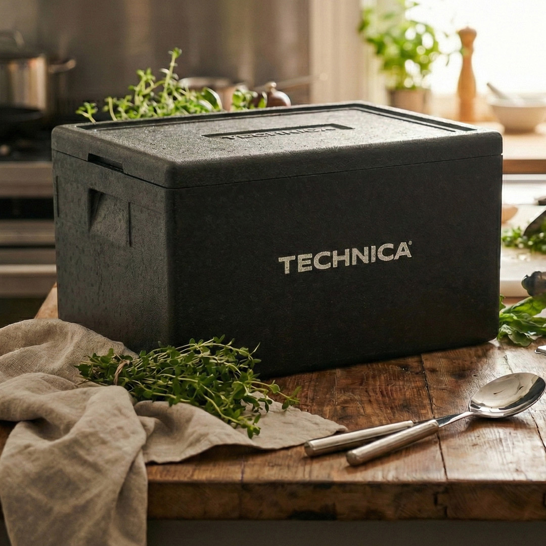 Termobox gastronomiczny Technica na drewnianym blacie kuchennym, przeznaczony do bezpiecznego transportu i utrzymania temperatury potraw.