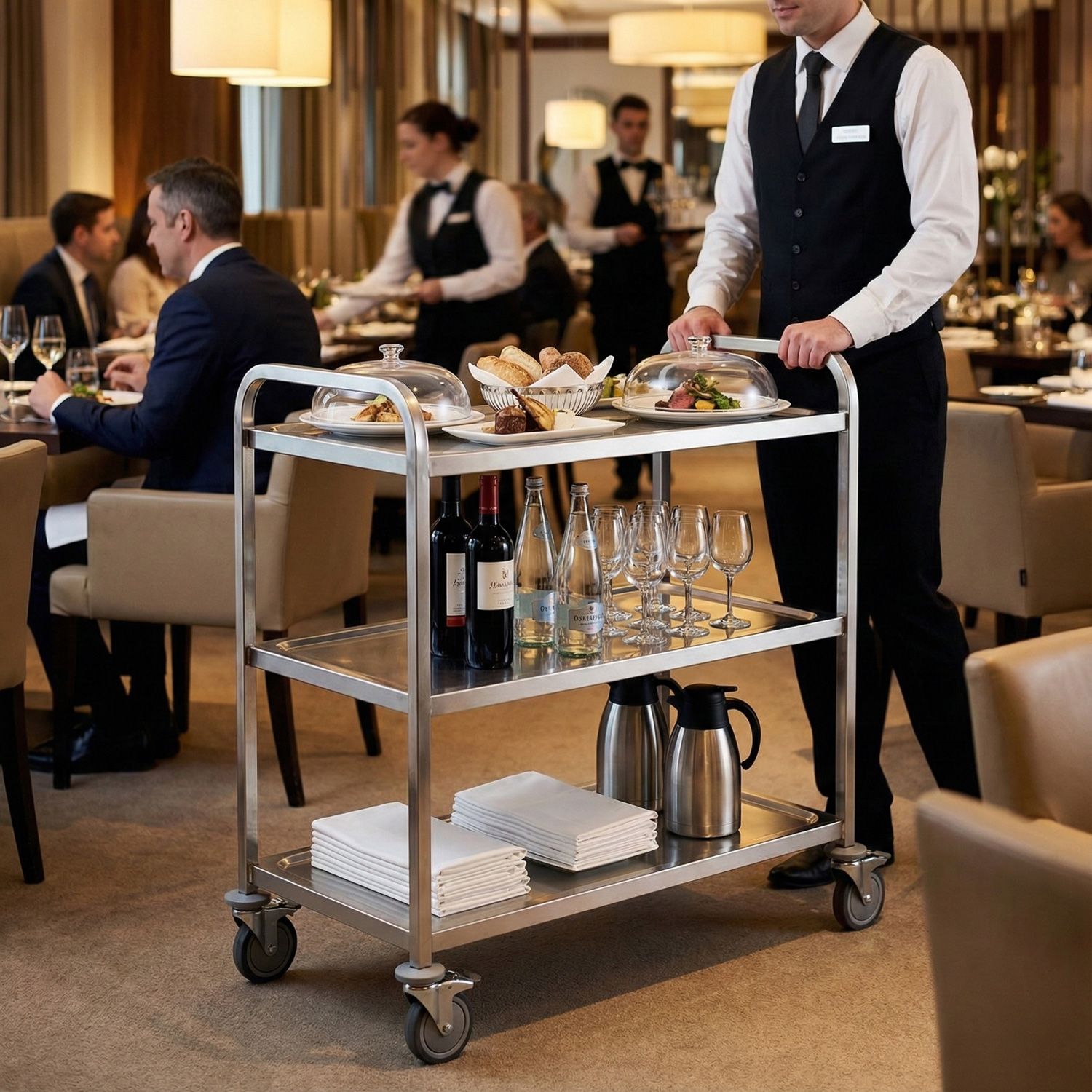 Wózek kelnerski ze stali nierdzewnej w eleganckiej restauracji – obsługa serwująca dania i napoje między stolikami gości.